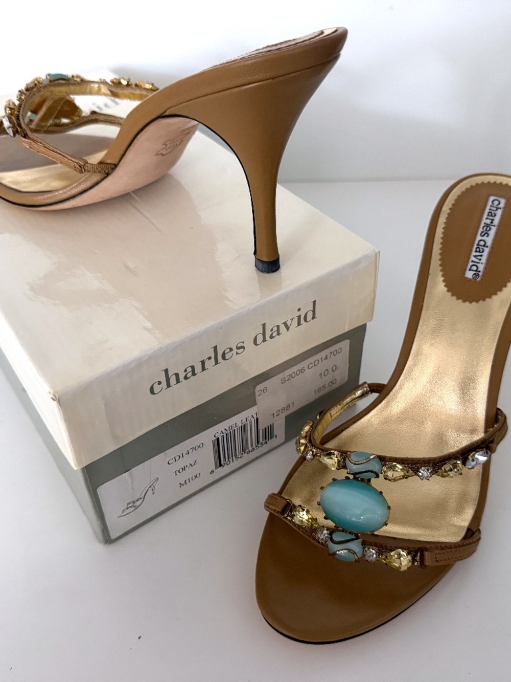 Charles David Topaz Camel Leather Jeweled Turquoise Cabochon Mule Heels Sz 10 M